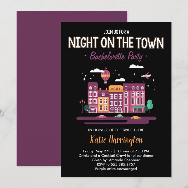 Nuit en ville Bachelorette Party Invitation (Devant / Derrière)
