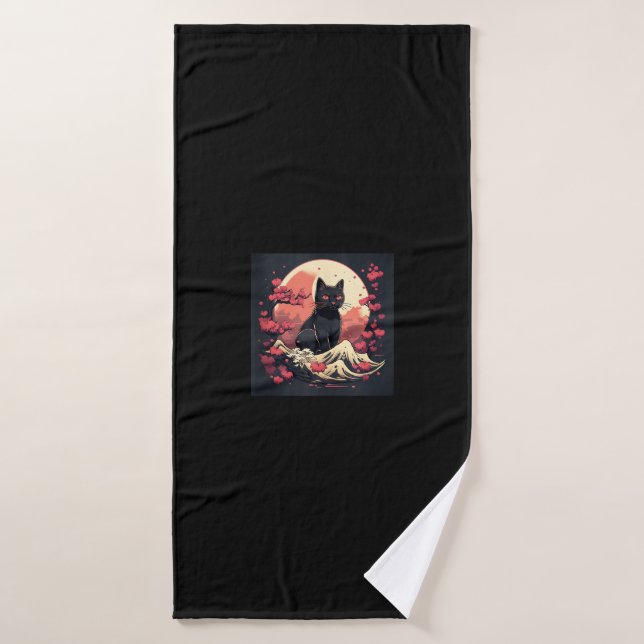 Nuit mystique Sakura_ Chat noir avec Pleine lune (Serviette de bain)