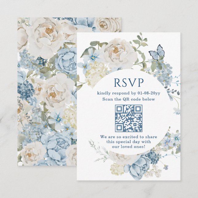 Nuit romantique bleu aquarelle Mariage floral RSVP (Devant / Derrière)