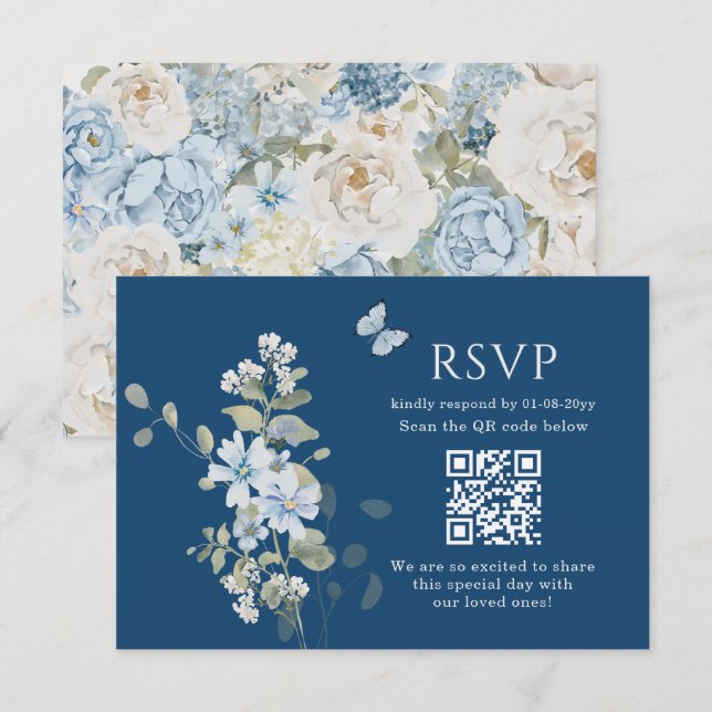 Nuit romantique bleu aquarelle Mariage floral RSVP (Devant / Derrière)