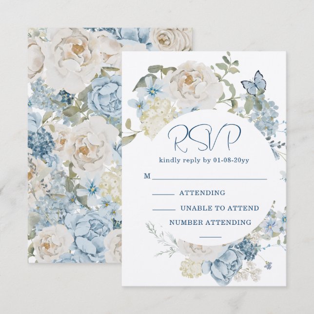 Nuit romantique bleu aquarelle Mariage floral RSVP (Devant / Derrière)