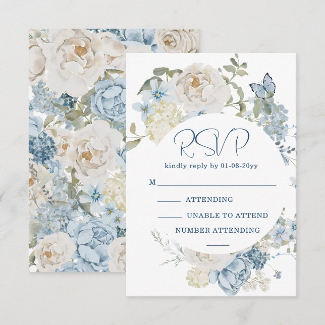Nuit romantique bleu aquarelle Mariage floral RSVP (Devant / Derrière)