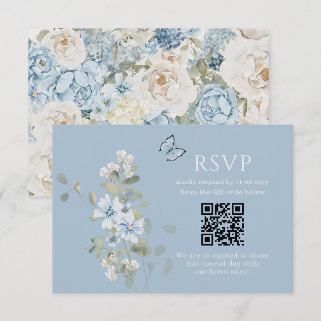 Nuit romantique bleu aquarelle Mariage floral RSVP (Devant / Derrière)
