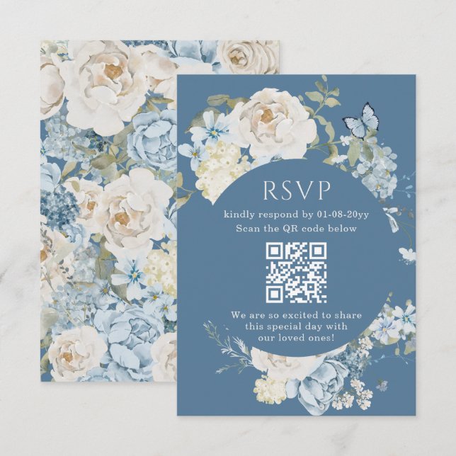 Nuit romantique bleu aquarelle Mariage floral RSVP (Devant / Derrière)