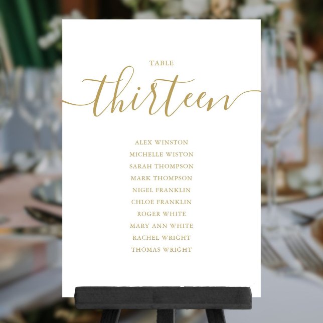 Numéro de table 13 élégant or graphique de table (Elegant Gold Script Table Number 13 Seating Chart)