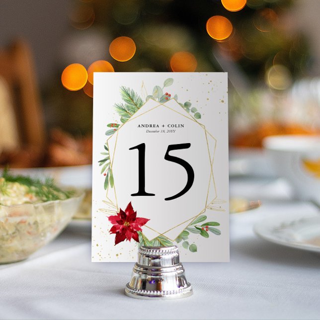 Numéro De Table 3,5x5 Aquarelle de vacances vert Tableau budgétair (Holiday Party or Christmas Wedding Table Numbers | Holiday Greenery, Gold Speckles, Red Poinsettia)