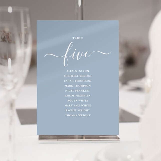 Numéro de table 5 Graphique de placement en écritu (Dusty Blue Script Table Number 5 Seating Chart)