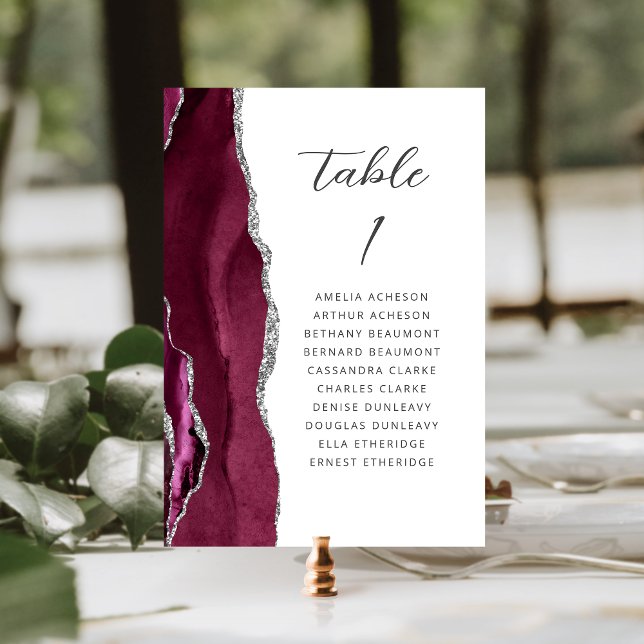 Numéro De Table Agate Burgundy Silver Mariage de script moderne (Créateur téléchargé)