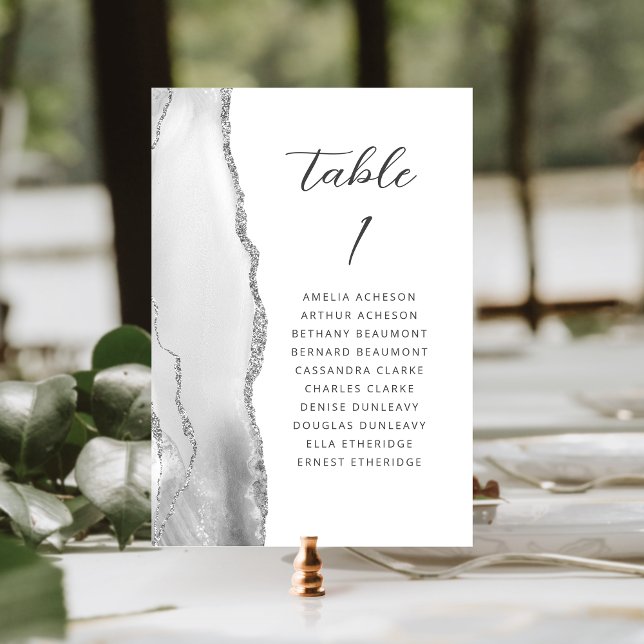 Numéro De Table Agate Grey Silver Mariage de script moderne (Créateur téléchargé)