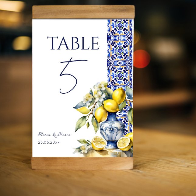 Numéro De Table Amalfi Italien carreaux bleu citrons numéros de ta (Amalfi Italian Mediterranean blue tiles lemons ceramic vase  table numbers personalized tableware)