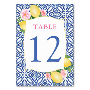 Numéro De Table Amalfi Lemons Fleurs roses Carreaux bleu Mariage