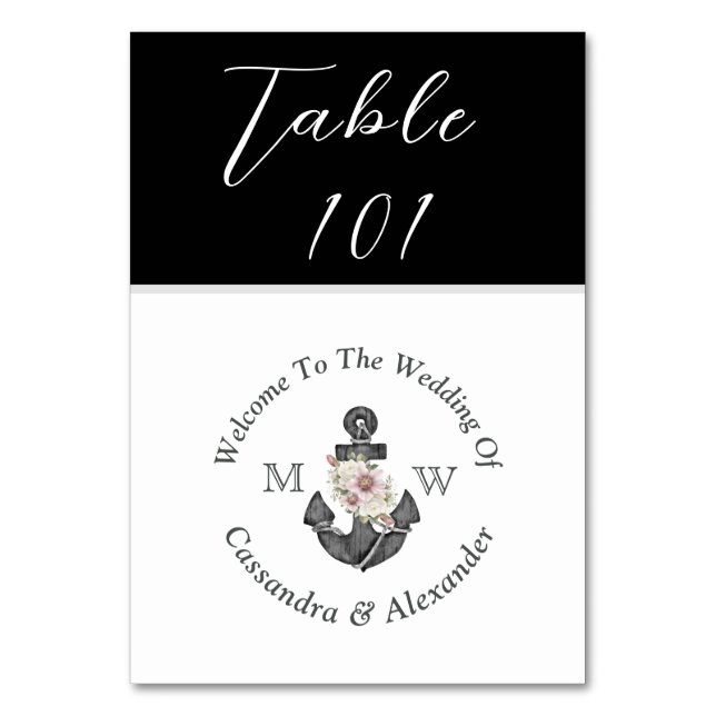 Numéro De Table Ancre florale marine Mariage noir et blanc (Par défaut)