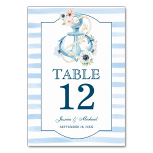 Numéro De Table Ancre florale nautique Blue Stripes Plage Mariage