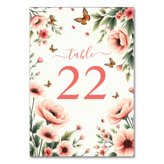 Numéro De Table Anémone rose, papillons bordure florale mariage