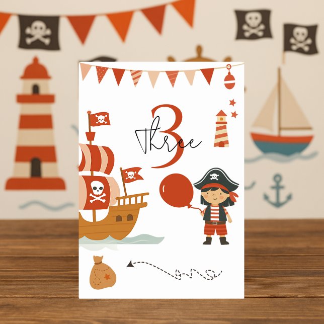Numéro De Table Anniversaire du Pirate | Navire rouge et capitaine (Créateur téléchargé)