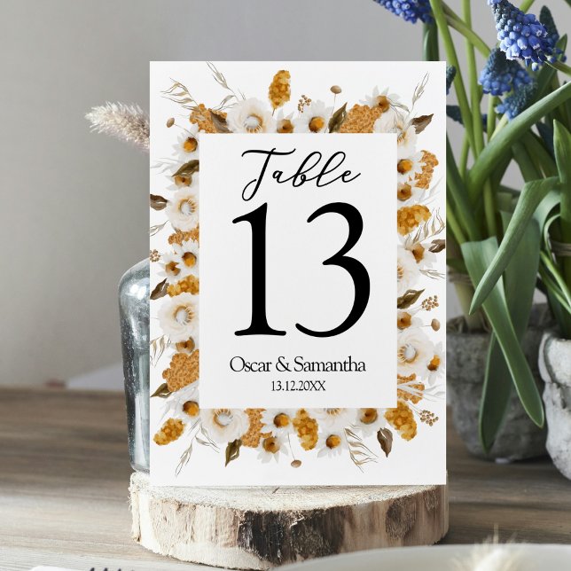 Numéro De Table Aquarelle Automne Jaune & Blanc Cadre Floral (Créateur téléchargé)
