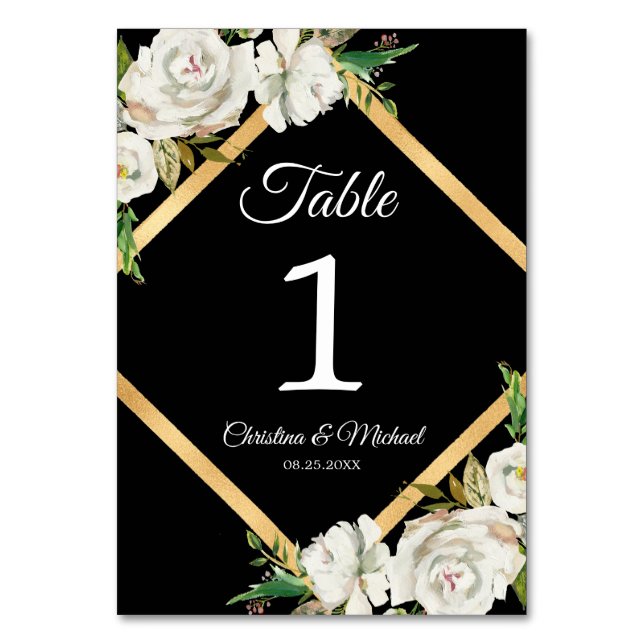 Numéro De Table Aquarelle Blanc Noir Or Mariage Floral (Par défaut)