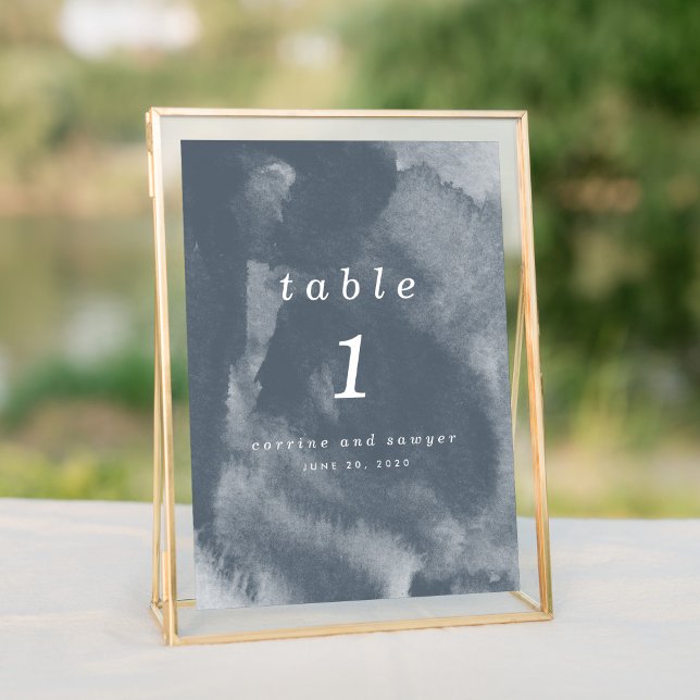 Numéro De Table Aquarelle bleu Boho (Watercolor blue boho wash wedding suite elegant table number sign.)