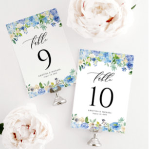 Numéro De Table Aquarelle Blue Hydrangeas et Mariage Rose