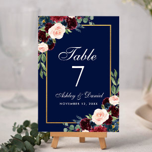 Numéro De Table Aquarelle Burgundy Bleu Floral Mariage or
