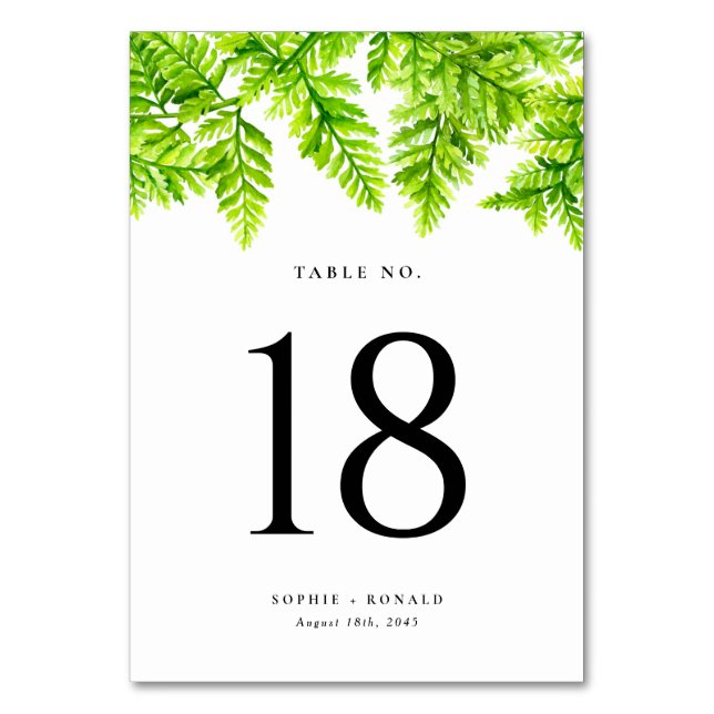 Numéro De Table Aquarelle Chartreuse Green Fern Feuille Mariage (Dos)