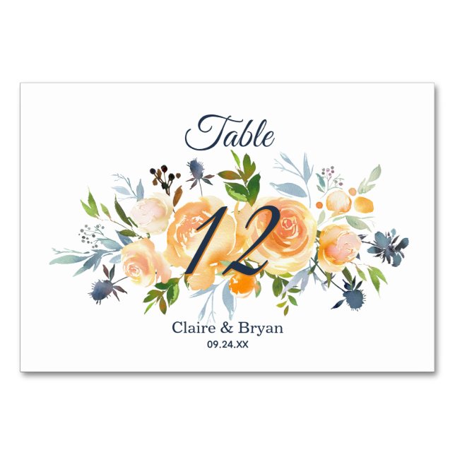 Numéro De Table Aquarelle de corail bleu marine Mariage floral (Devant)