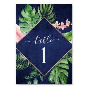 Numéro De Table Aquarelle de palme tropicale Mariage bleu marine