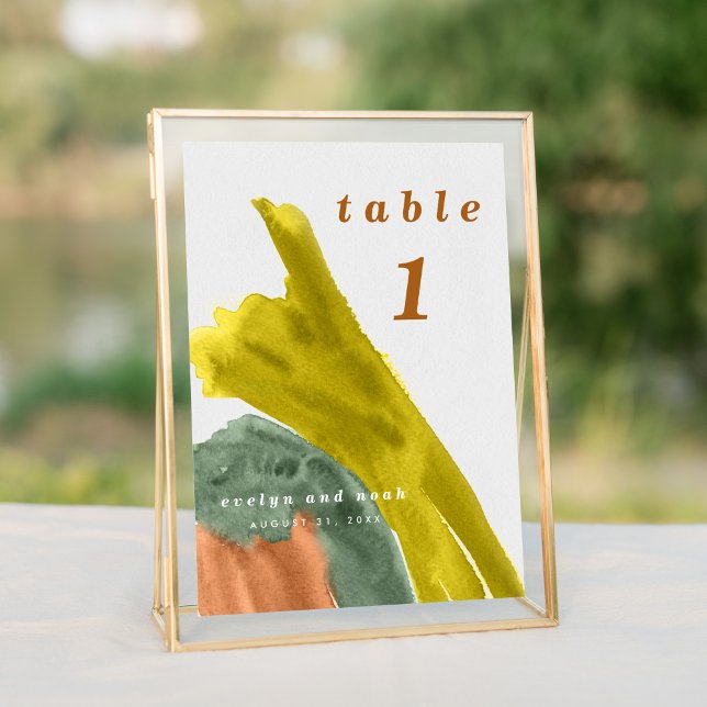 Numéro De Table Aquarelle des tons de terre (Bright vibrant watercolor wash in earth tone colors wedding suite modern table number sign.)
