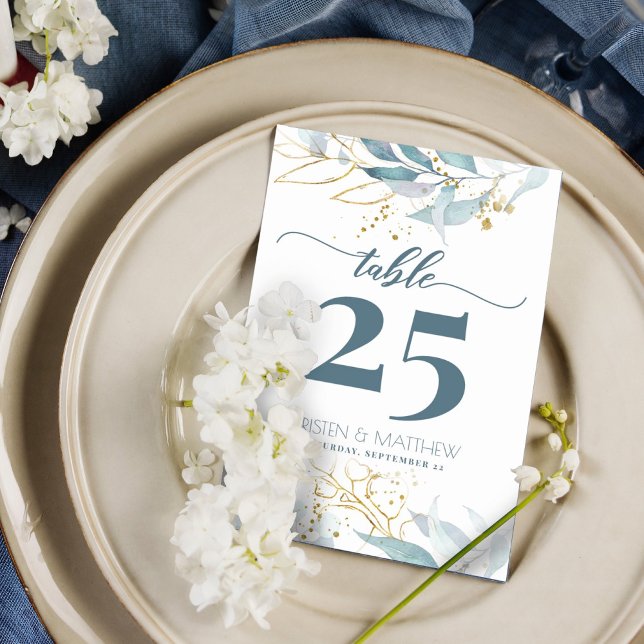 Numéro De Table Aquarelle Dusty Bleu Or Floral Élégant Mariage (Elegant dusty blue greenery with gold accent makes this the perfect table card for your boho wedding)