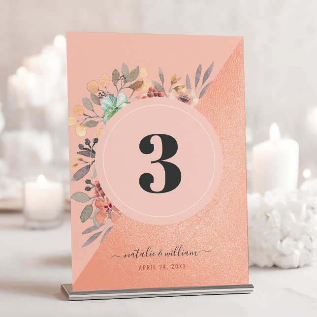 Numéro De Table Aquarelle en cuivre rose pâle Floral Chic Mariage (Créateur téléchargé)