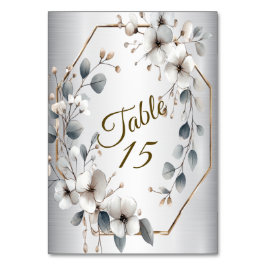 Numéro De Table Aquarelle Fleurs blanches Cadre doré Argent Turquo