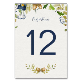 Numéro De Table Aquarelle Fleurs Bleues Acorns et Feuilles de chên