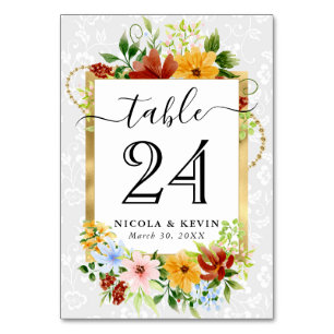 Numéro De Table Aquarelle Fleurs Rouges Jaunes Bleues Mariage