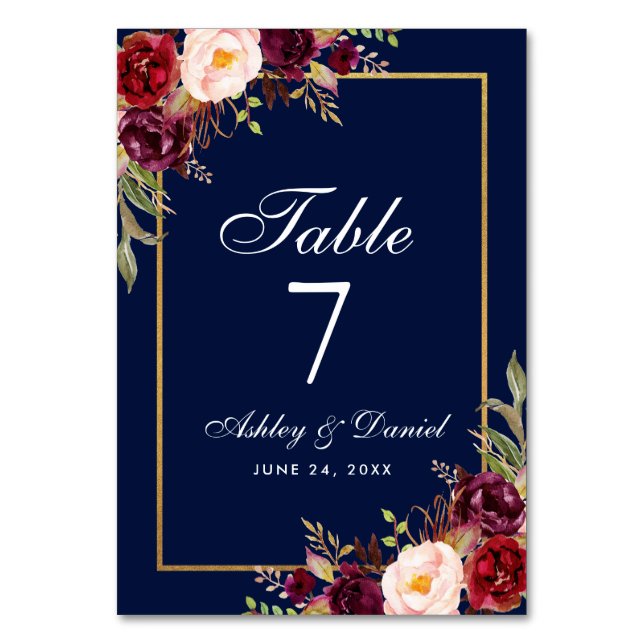 Numéro De Table Aquarelle Floral Bourgogne Bleu Mariage Or (Par défaut)