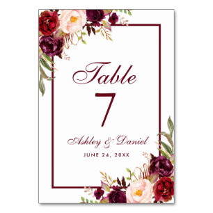 Numéro De Table Aquarelle Floral Bourgogne Mariage