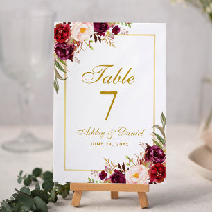 Numéro De Table Aquarelle Floral Bourgogne Mariage or