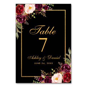 Numéro De Table Aquarelle Floral Bourgogne Noir Mariage Or