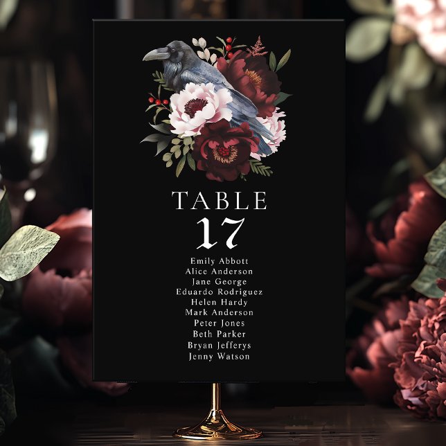 Numéro De Table Aquarelle gothique Corbeau Floral Mariage Siège (Créateur téléchargé)