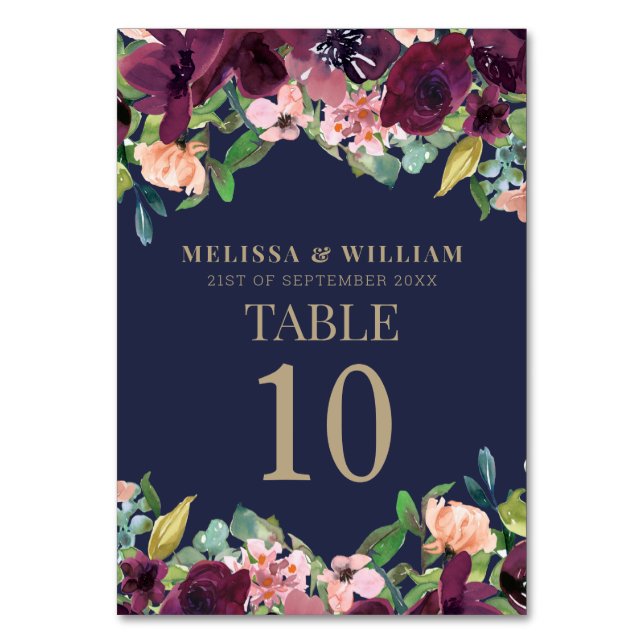 Numéro De Table Aquarelle marine Floral Bourgogne Mariage (Dos)