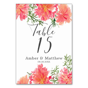 Numéro De Table Aquarelle orange et rose Mariage Dahlia