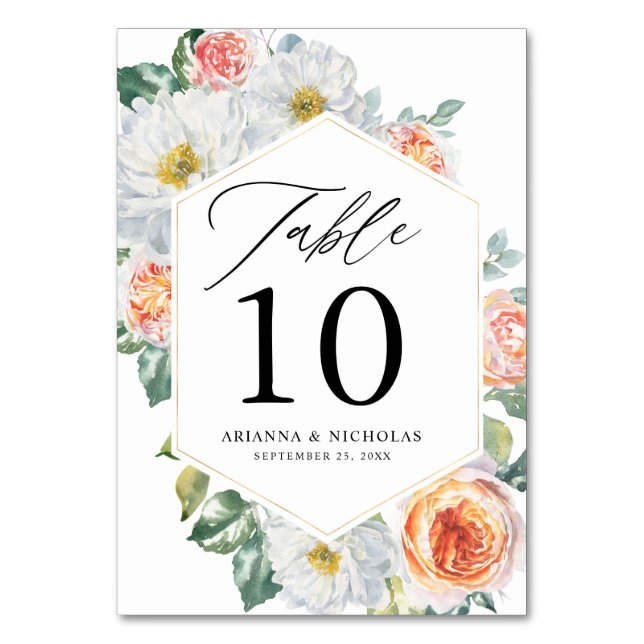 Numéro De Table Aquarelle Pêche & Blanc Floral Mariage Or Cadre (Par défaut)