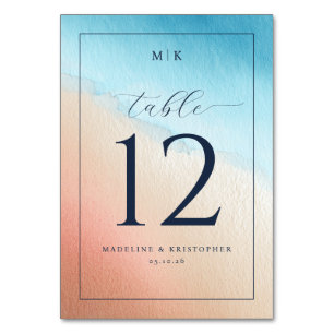 Numéro De Table Aquarelle pêche bleu serein