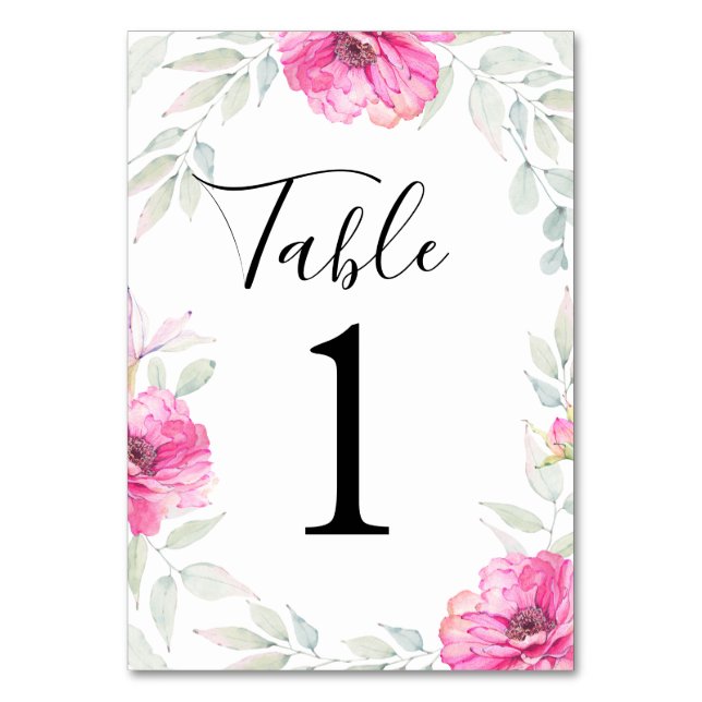 Numéro De Table Aquarelle peinte Feuilles et fleurs roses (Par défaut)
