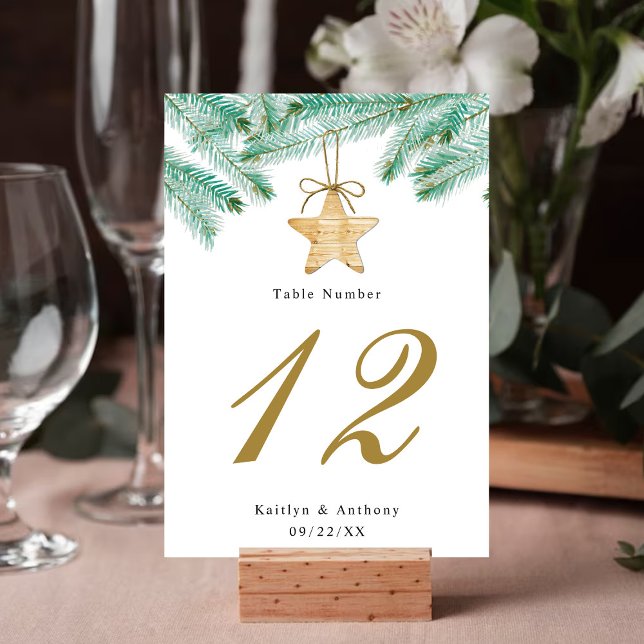 Numéro De Table Aquarelle Pine Boughs Noël Mariage d'hiver (Créateur téléchargé)