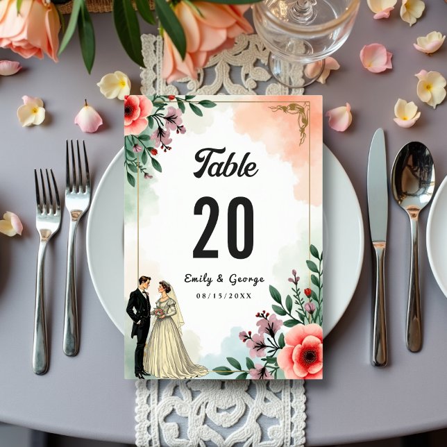 Numéro De Table Aquarelle romantique Floral Bride Et Mariage de ch (Créateur téléchargé)