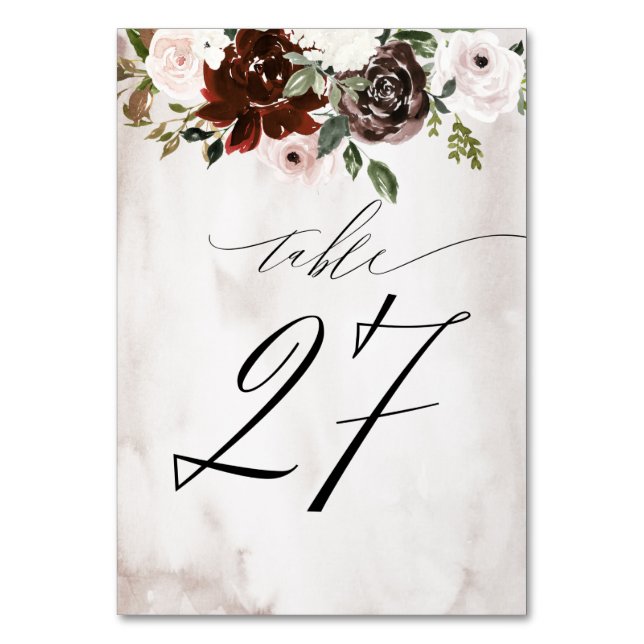 Numéro De Table Aquarelle rose bordeaux Floral No 27 Mariage (Par défaut)