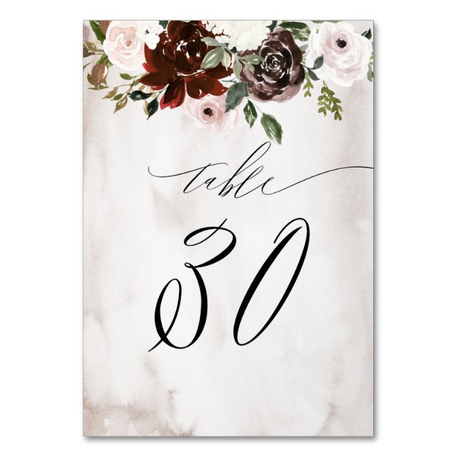 Numéro De Table Aquarelle rose bordeaux Floral No 30 Mariage (Par défaut)