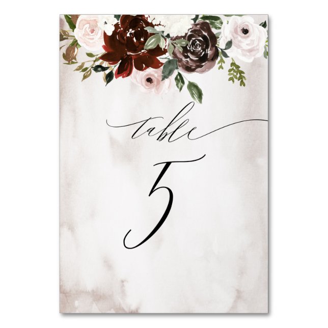 Numéro De Table Aquarelle rose de Bourgogne Floral No 5 Mariage (Par défaut)