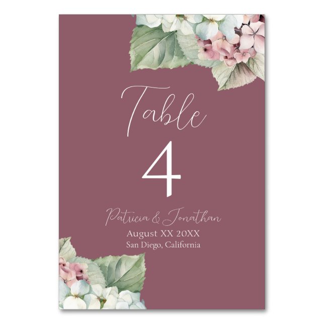 Numéro De Table Aquarelle rose et blanc Fleurs d'hydrangée sur le  (Par défaut)