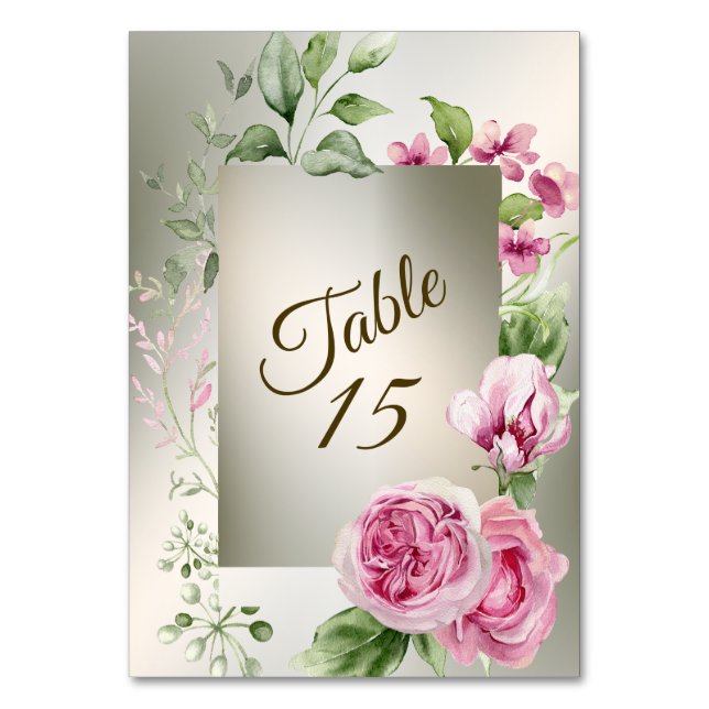 Numéro De Table Aquarelle rose Floral Frame Bronze brillant (Par défaut)